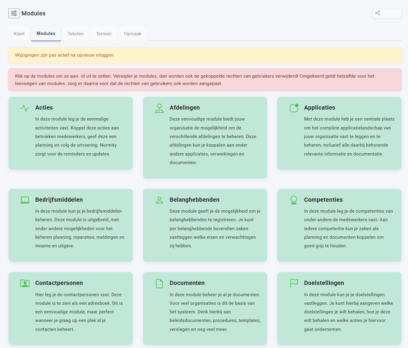 Instellingen, tabblad Modules: tegels per module, zoals Acties, Afdelingen en Applicaties, groen als ze aan staan